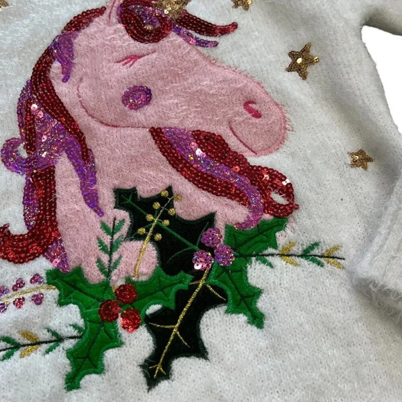 Margaux & Lexi White Sequin Unicorn Holiday Sweater 14 - Picture 2 of 3